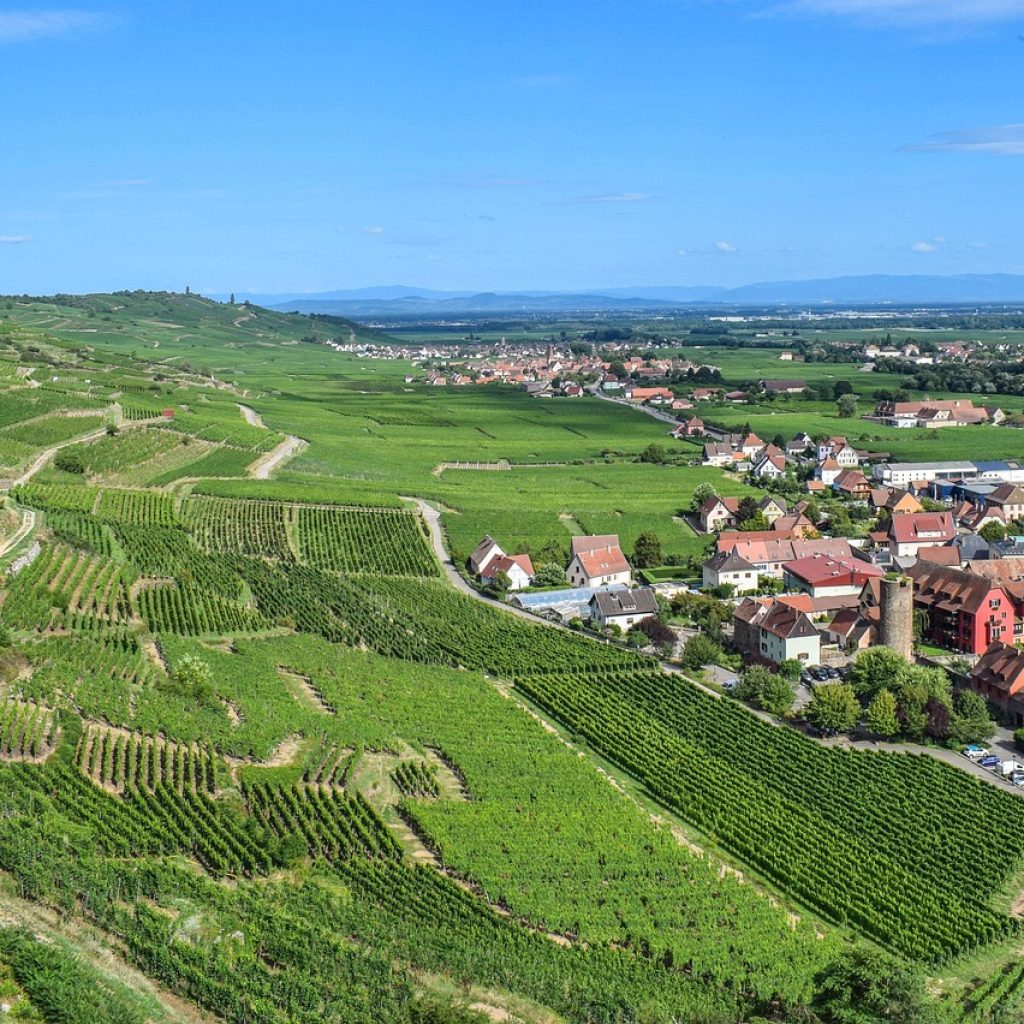 Vue aérienne d'un village alsacien entouré de vignobles, un cadre idéal pour une love room.
