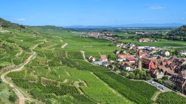 Vue aérienne d'un village alsacien entouré de vignobles, un cadre idéal pour une love room.